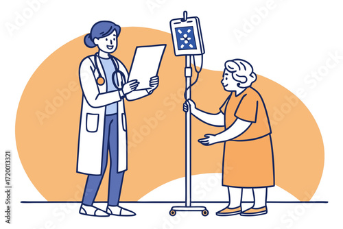 Flat Vector of Nurse Holding X-Ray and Senior with IV Pole