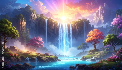Wallpaper Mural Sunlit Waterfalls in Fantasy Forest Torontodigital.ca