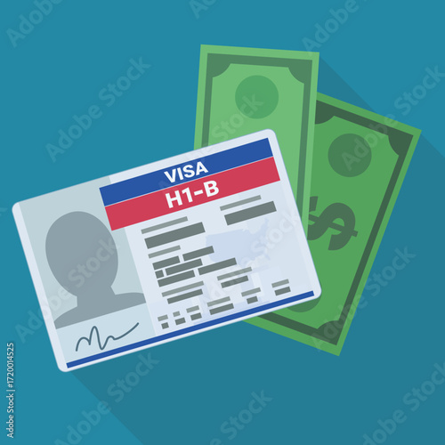 H1-B visa in flat design style with a wad of bills with dollar symbol on a blue background with long shadow