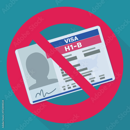 H1-B Visa with a circular red strikethrough prohibition symbol in flat design style on blue background with long shadow