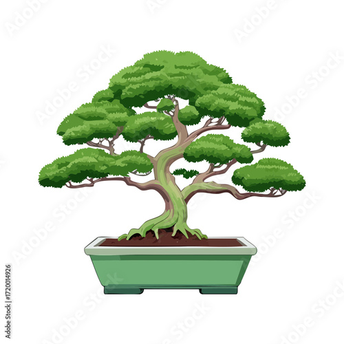 Elegant Bonsai Tree Vector — Classic Miniature Trees in Green Ceramic Pots