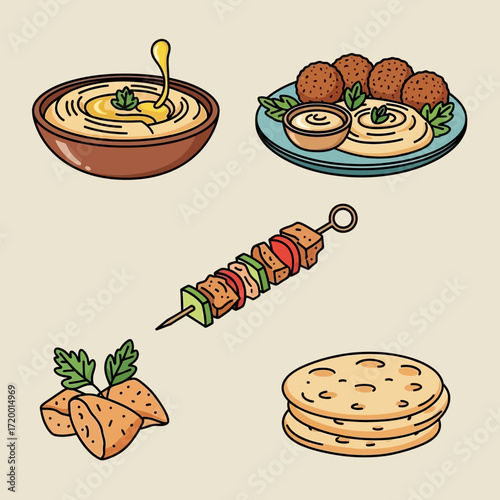 Delicious Middle Eastern feast featuring hummus, falafel, shish kebab, pita bread, and tahini, perfect for sharing and enjoying a flavorful meal