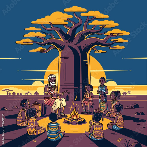 Gather around the campfire and listen to the elder's wisdom under the African baobab tree, a beautiful cultural scene for storytelling and community.