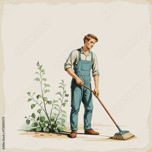 Man sweeping floor with calm focus against neutral background