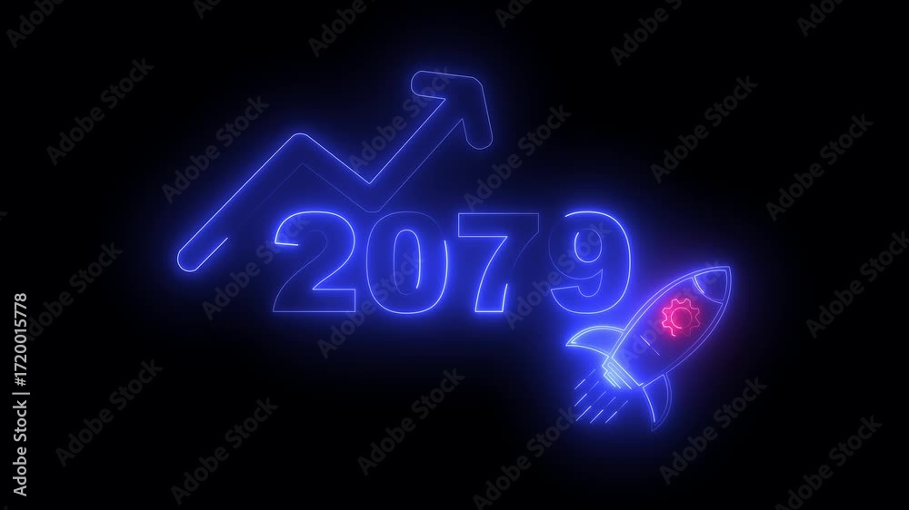 custom made wallpaper toronto digitalBlue neon 2079 year with upward arrow graph and rocket ship icon on black background new year