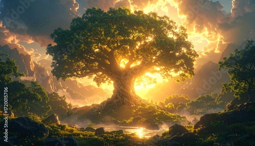 Fantasy Tree Radiating Light at Dawn
