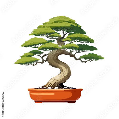 Artistic Bonsai Tree Vector — Twisted Trunks in Orange Decorative Pots