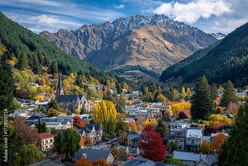 Scenic Mountain Village with Colorful Autumn Trees in Natural Setting