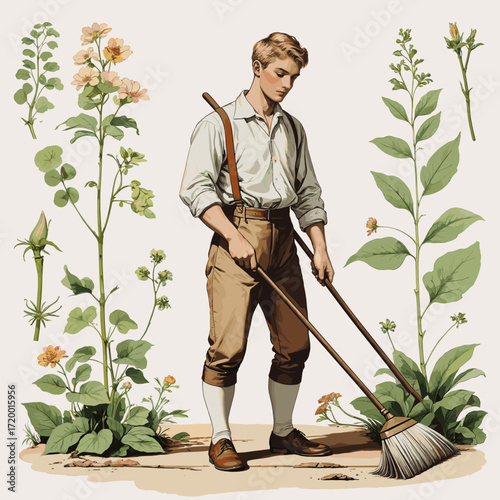 Man sweeping floor with calm focus against neutral background