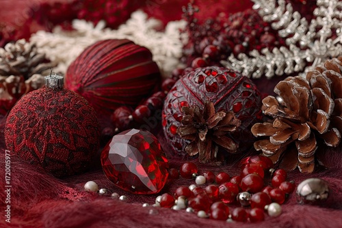 Red Christmas Decorations Pinecones Beads and Glittering Ornaments in Warm Holiday Setting