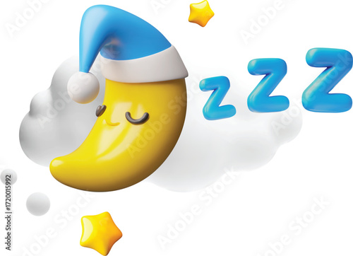 Cute crescent moon wearing blue night cap sleeping in clouds vector 3D plastic style, sweet dreams character on the sky