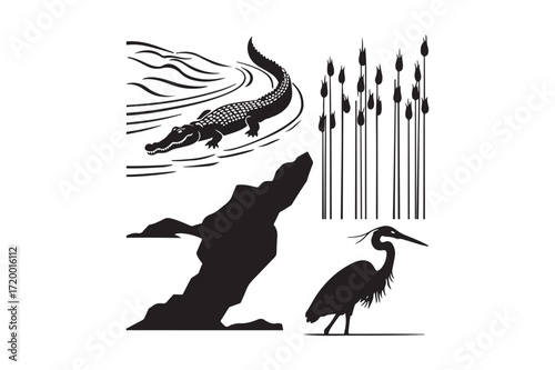 Alligator and heron in a marshy wetland scene