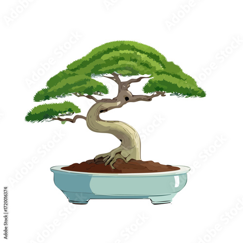 Stylized Bonsai Tree Vector — Unique Shaped Miniature Trees in Blue Ceramic Pots