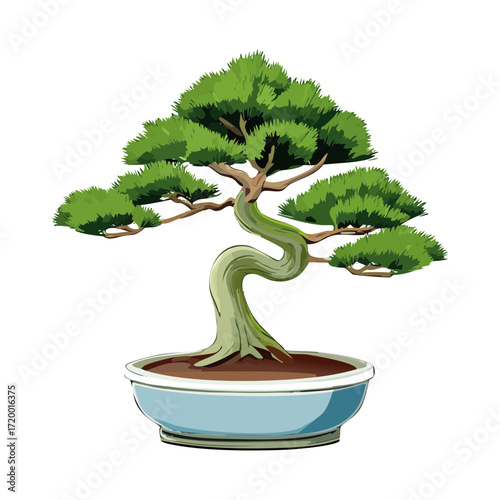 Stylized Bonsai Tree Vector — Unique Shaped Miniature Trees in Blue Ceramic Pots