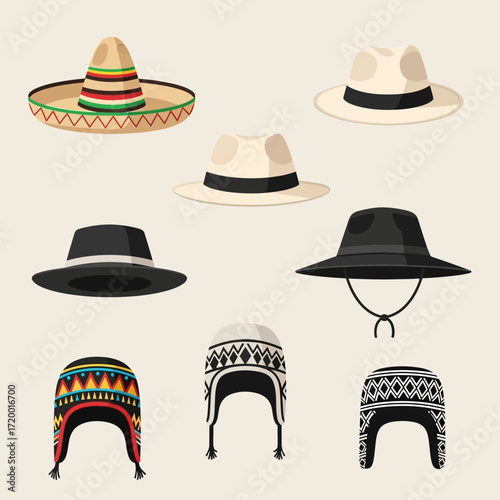 Stylized hat collection showcasing diverse cultures and fashion trends, perfect for adding character and flair to your next design project or branding campaign