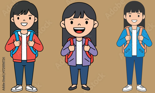School Girl Flat Vector Collection – Student Cartoon Character with Different Clothing Colors