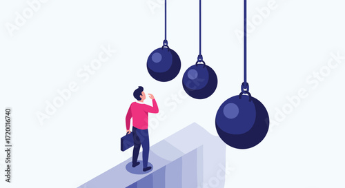 A man observes a destructive pendulum poised to strike the edge of a platform.