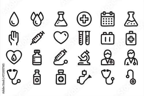 Vector set of syringe, stethoscope, and medicine line graphics for clinic use