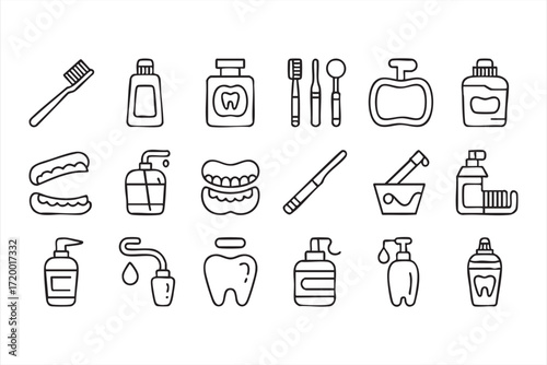 Vector illustration of toothbrush, toothpaste, and mouthwash line graphics set