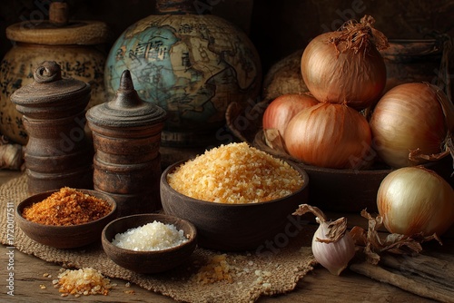 Rustic Still Life with Onions Garlic and Spices in Clay Bowls and Vintage Jars