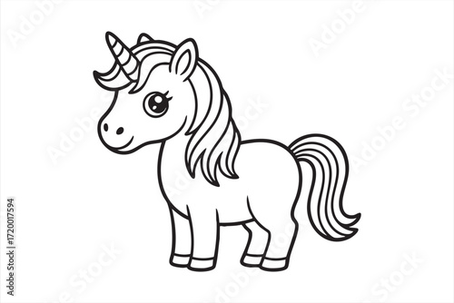 Fairytale unicorn coloring sheet with horn and flowing mane for kids