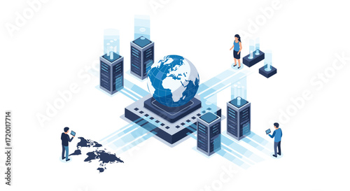 A digital representation of global connectivity and data management systems with people interacting.
