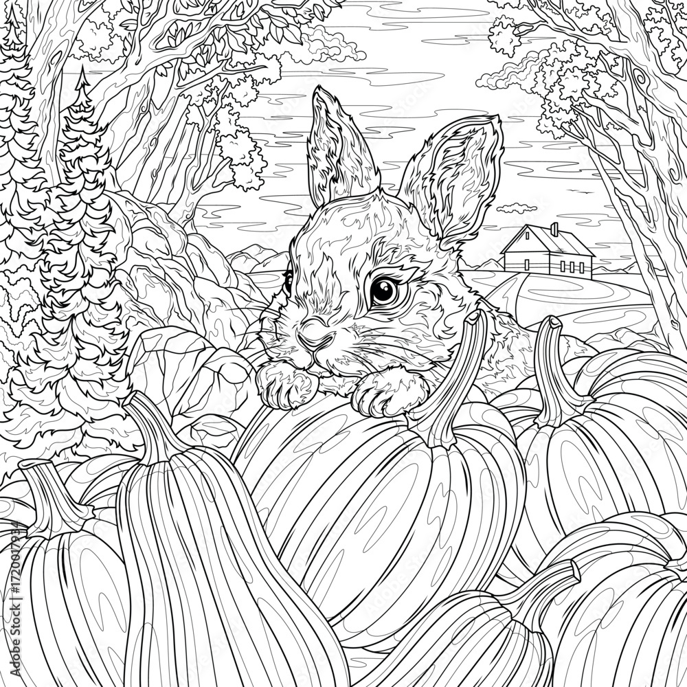 Fototapeta premium Rabbit and pumpkins in the yard.Fall.Coloring book antistress for children and adults.