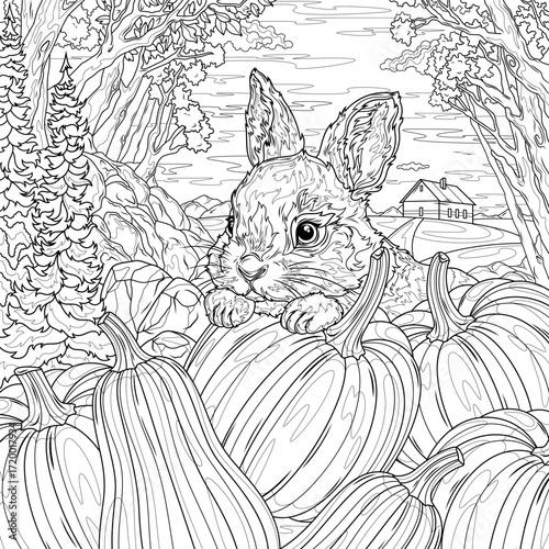 Rabbit and pumpkins in the yard.Fall.Coloring book antistress for children and adults. 