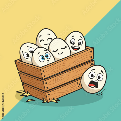 Cartoon eggs with different expressions in wooden crate on colorful background  