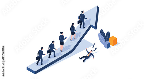Illustrating the climb up the corporate ladder with business professionals progressing upwards on an arrow graph while one person falls behind and a bird icon represents communication.