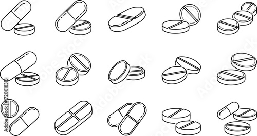 Modern outline style pills icons collection.