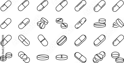 Modern outline style pills icons collection.