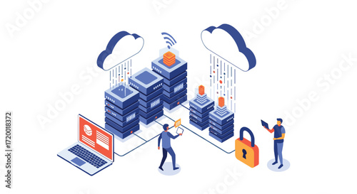 Modern data center infrastructure with cloud integration and robust security measures protecting sensitive information.