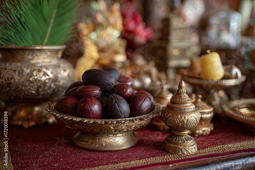 Decorative Still Life with Silver Bowls and Ornamental Artifacts in Warm Indoor Setting