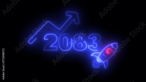 Wallpaper Mural Blue neon 2083 year with upward arrow graph and rocket ship icon on black background new year Torontodigital.ca