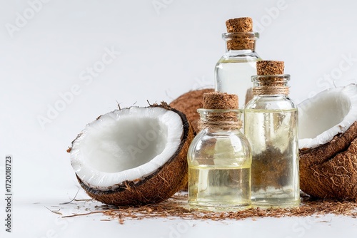 Coconut Halves and Bottles of Oil on White Background