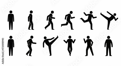 Illustration of Various Human Silhouettes Depicting Different Actions Such as Walking, Running, Kicking, and Posing, Representing Movement Concepts Whisk_a93ab792ae938a48cfc475f6afa28b03dr