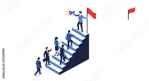 Illustrative isometric representation of a team ascending stairs toward a goal flag signifying success.