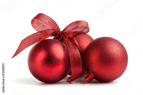 Red Christmas Ornaments with Glitter and Satin Ribbon on White Background