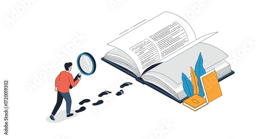 A person with a magnifying glass follows footprints leading to an open book with charts and diagrams.