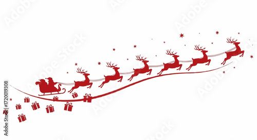 Jolly Santa Claus and his magical reindeer team deliver gifts across the festive night sky, a classic holiday season illustration perfect for winter celebrations and greeting designs