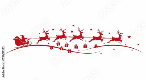 An elegant red Christmas silhouette showing Santa Claus on his sleigh with reindeer in flight, a decorative holiday graphic with a whisk of motion, stars, and presents