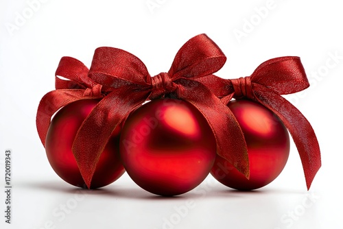 Elegant Red Christmas Ornaments with Satin Ribbons on White Background