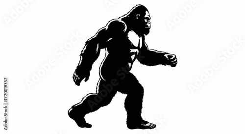 A striking black and white vector silhouette illustration of the legendary Bigfoot, a mysterious ape-like creature from folklore, depicted in a powerful walking pose against an isolated background