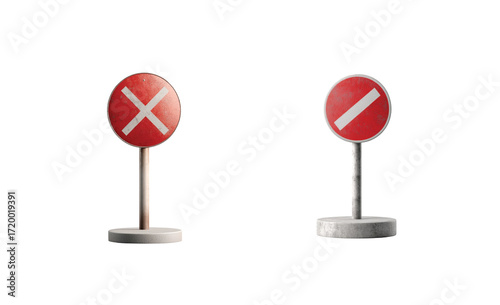 Red and white road signs against black background for road safety