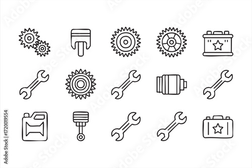 Automotive and repair equipment outline icons for car service and engineering