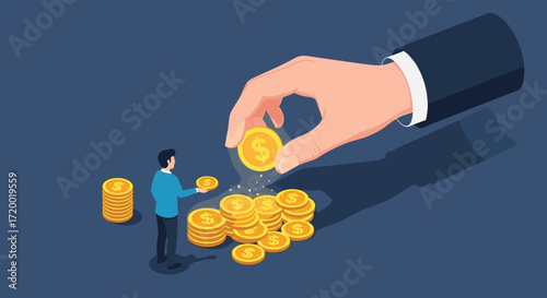A tiny person receives a large hand dispensing coins for wealth and financial growth.