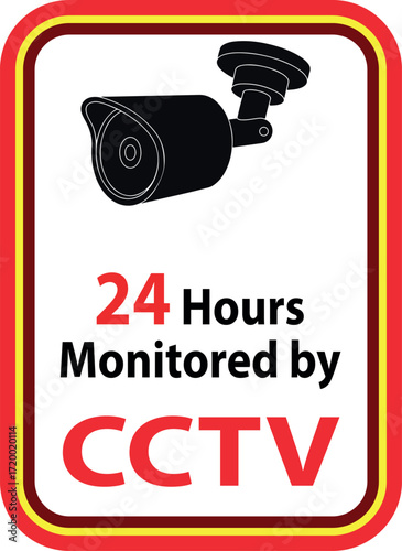 Security camera icon, Warning Sticker for CCTV Camera video surveillance, cc tv sign. Yellow square indicating camera operation. 24 hours monitoring, Fixed CCTV, Security Camera Icon Vector.