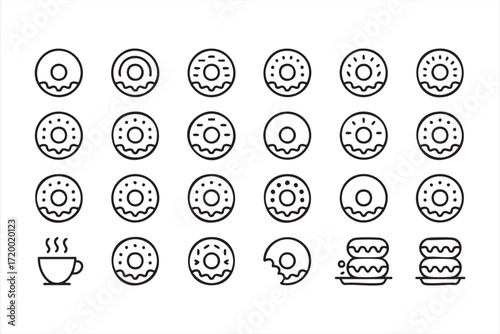 Vector set of glazed donuts and coffee line graphics for sweet snack branding