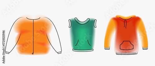 Jacket, vest, sweatshirt for autumn or winter weather. Creative minimal composition with gradient blurred and line elements. Modern abstract fashion vector illustration.
